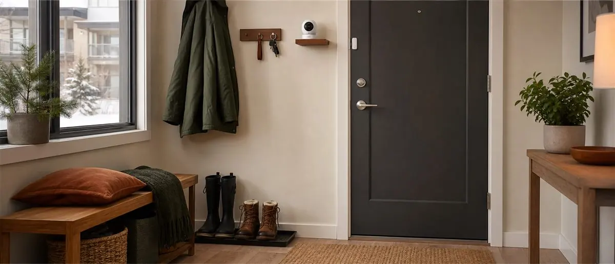 A practical security camera and door sensor in a Canadian apartment entryway