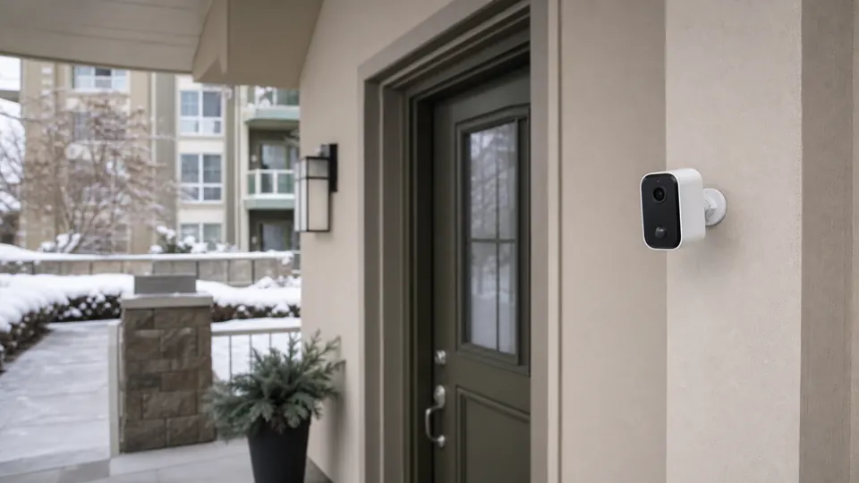 Battery security camera mounted near a covered apartment entry in winter