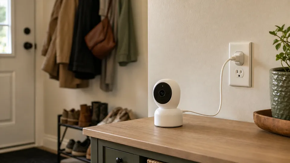 Plug-in indoor security camera on a shelf near an entryway outlet