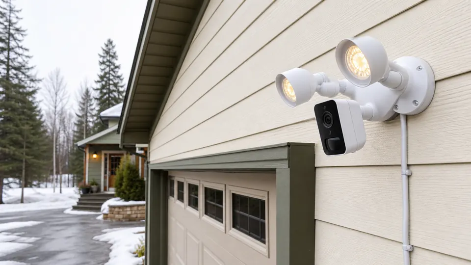Wired floodlight-style security camera mounted near a snowy driveway