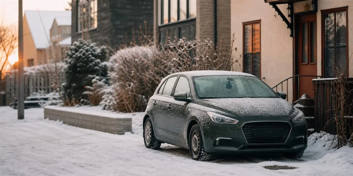 A compact car parked outside on a snowy Canadian morning