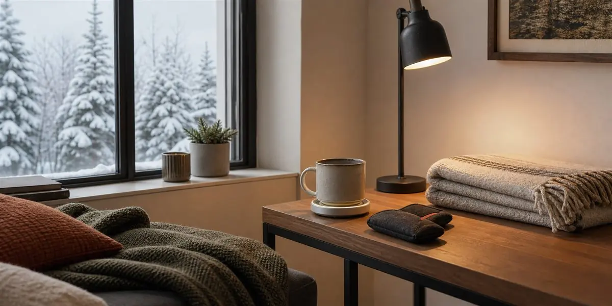 A warm mug and hand warmers beside a snowy Canadian window