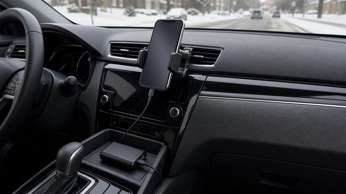 Phone charging cable and power bank in a car during winter