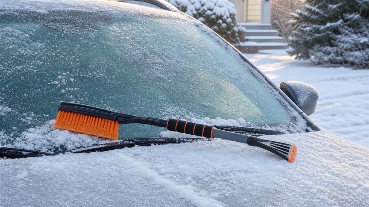 Snow brush and ice scraper on a snowy windshield