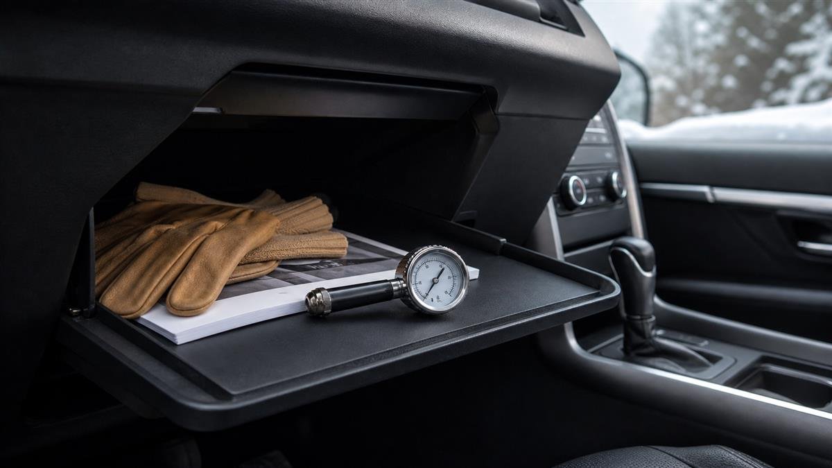 Tire pressure gauge stored in a car glove box for winter driving
