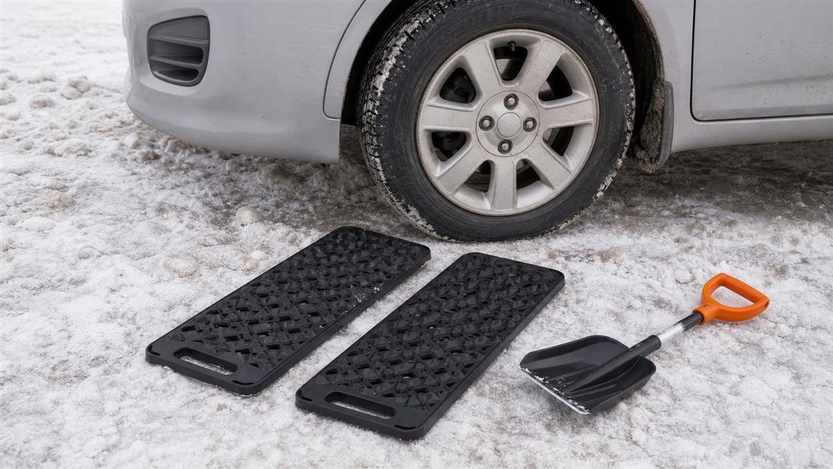 Traction mats in front of a car tire on packed snow