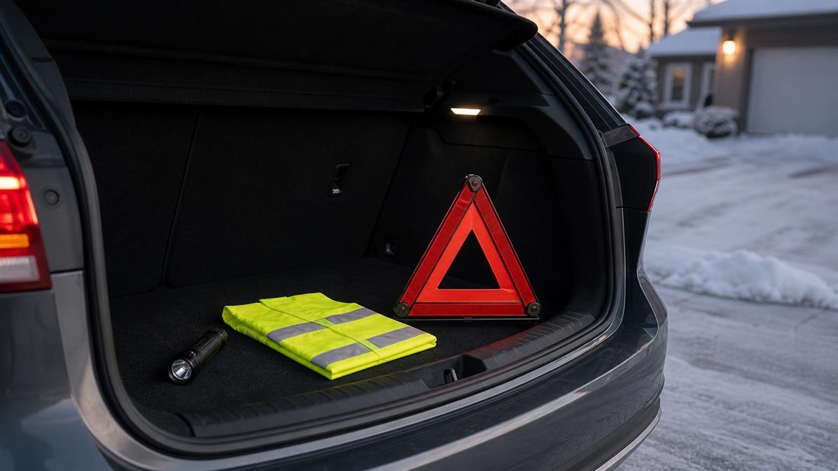 Reflective vest, flashlight, and warning triangle in a car trunk