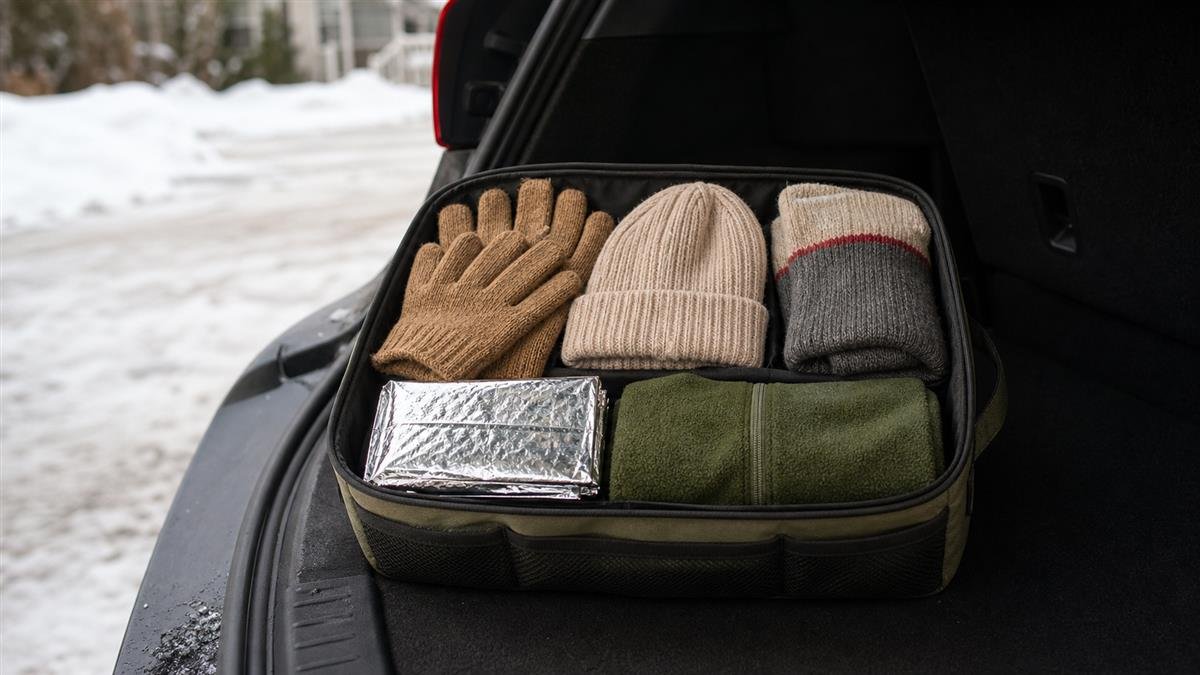 Warm gloves and hat packed for winter driving